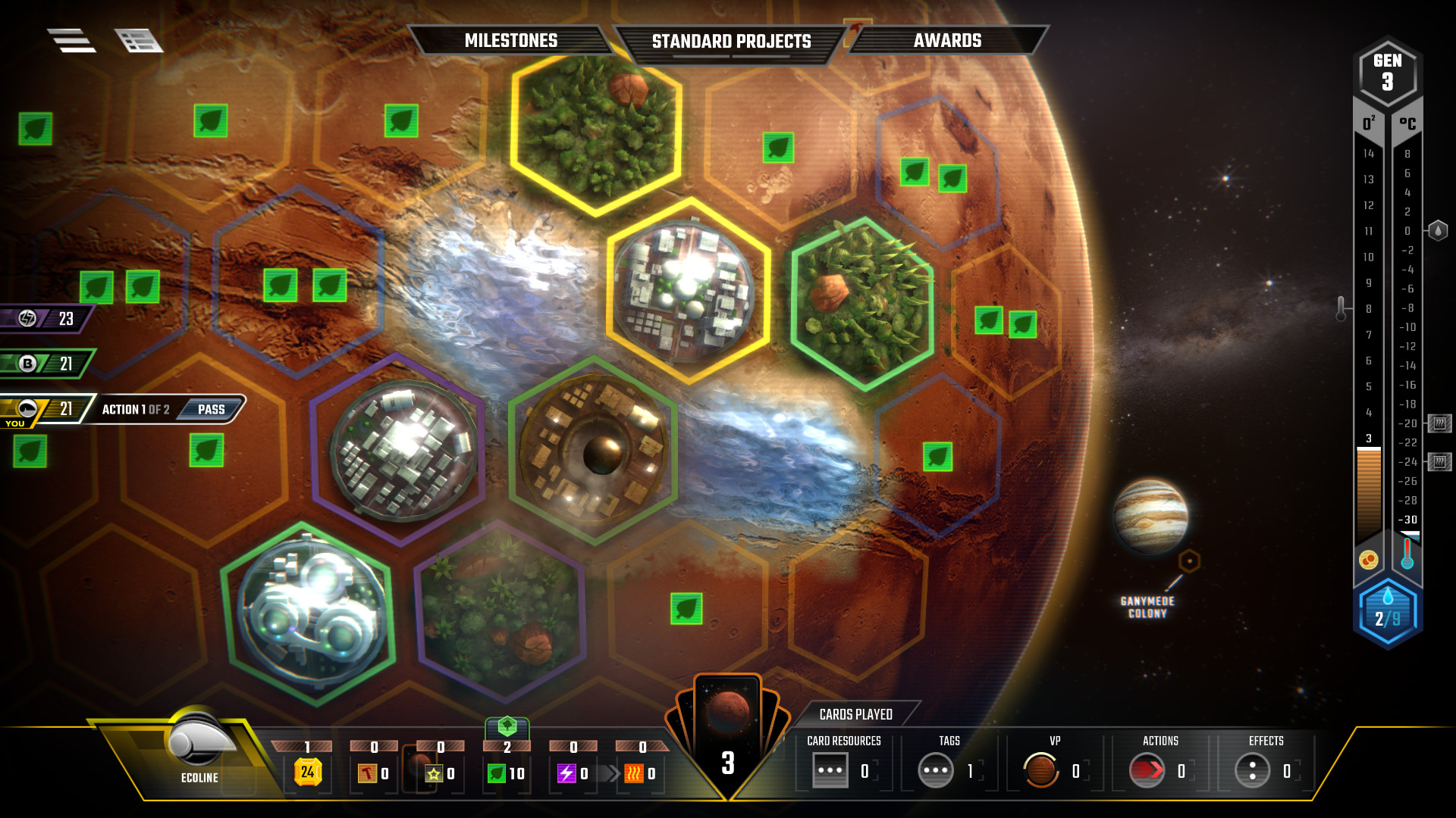 Terraforming Mars：火星六角格上放城市、树林、水面，保留地块邻接、环境指标和资源条。