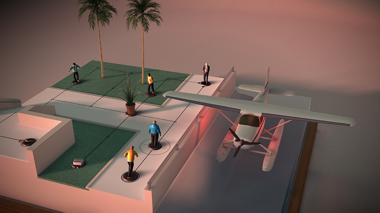 Hitman GO: Definitive Edition：在桌游模型式棋盘上沿固定节点移动 47 号，观察守卫位置并安排绕行、引诱或击倒；图中可见棋子底座和相连路径。