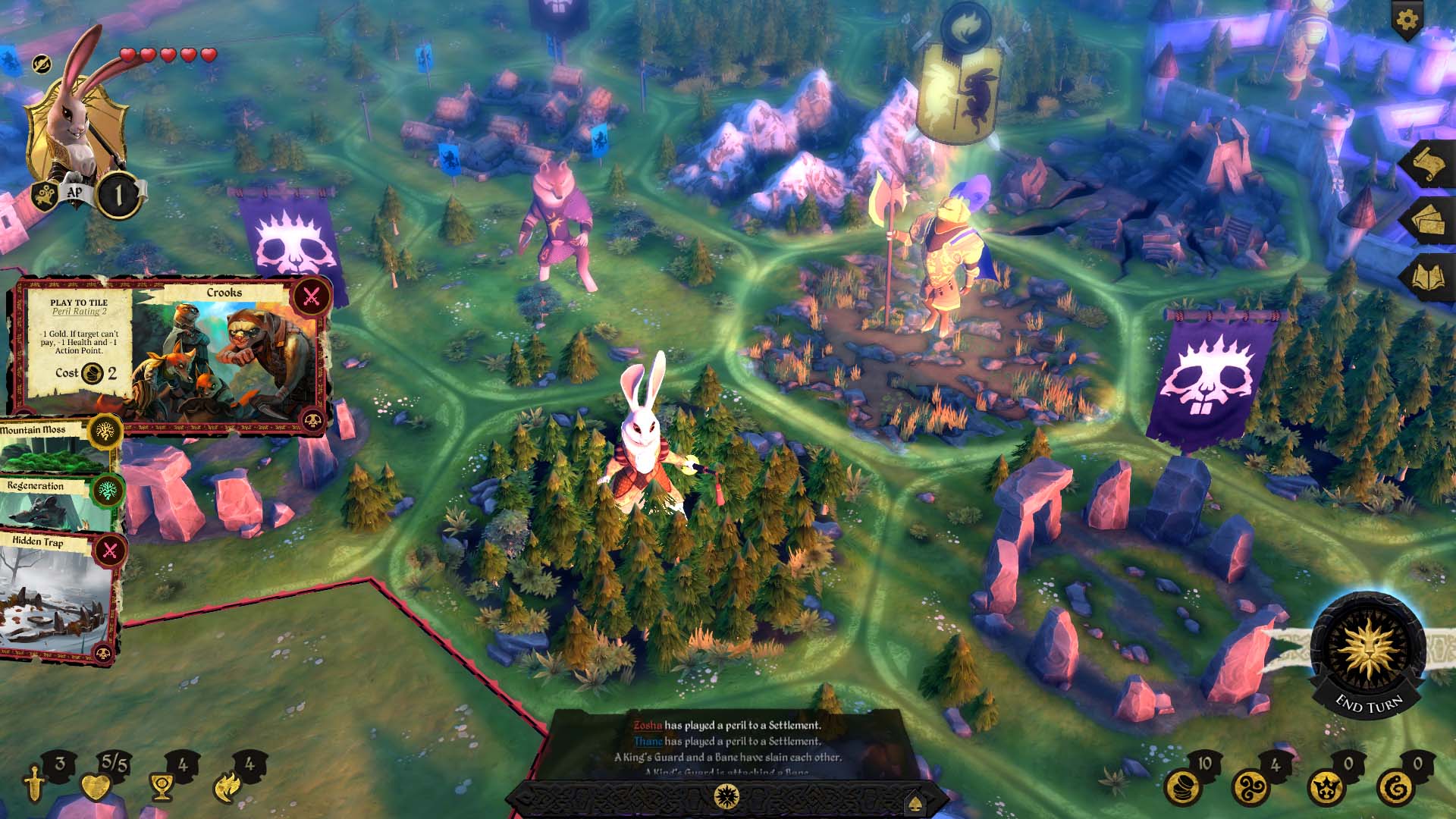 Armello：六角王国地图有城堡、森林和动物英雄棋子，保留区域邻接、英雄位置与手牌区。