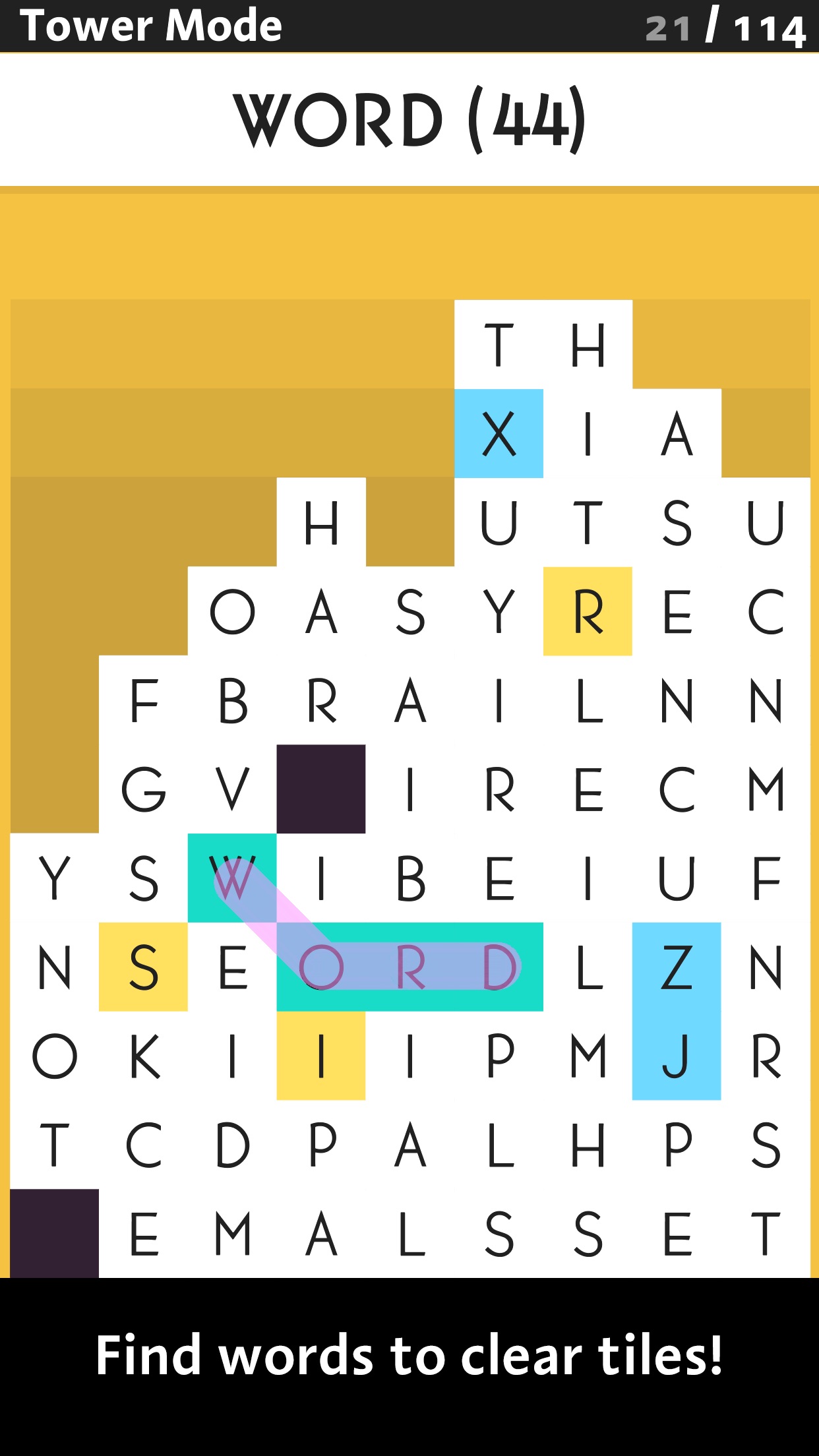 SpellTower：竖向字母方格塔；划过相邻字母组成单词并消格，阻止剩余字块堆满棋盘。